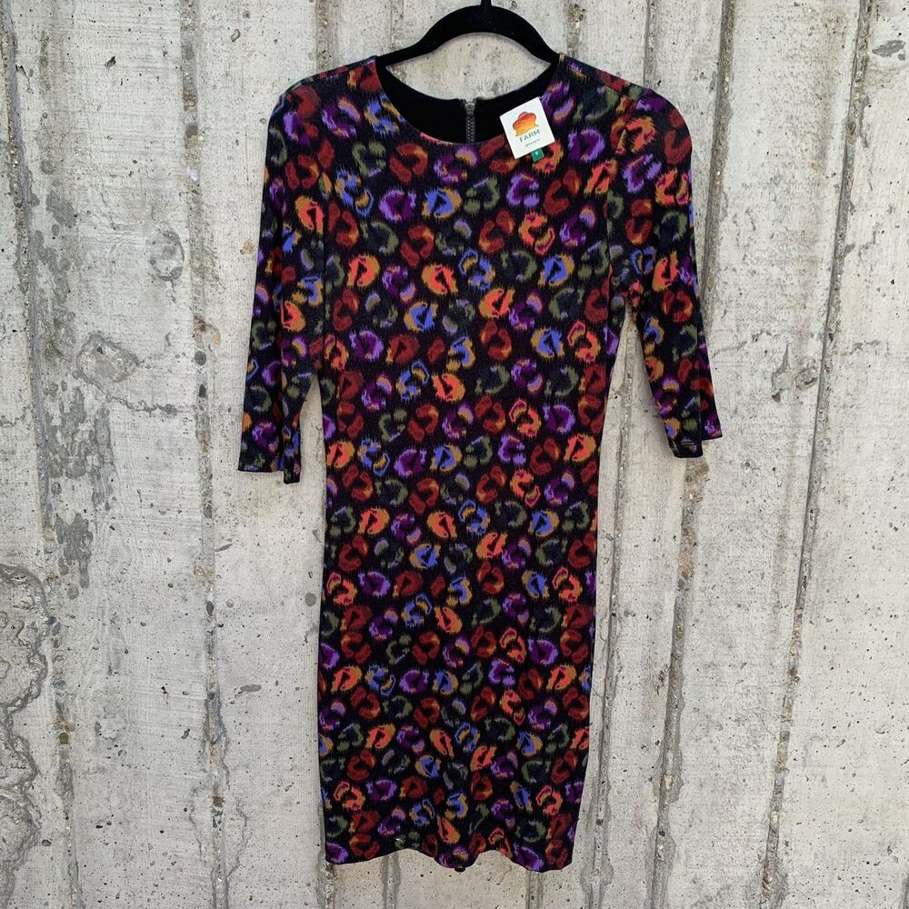 Farm Rio Sheath Dress Jersey Knit Vibrant Colorful Ikat Leopard Boho Maximalist